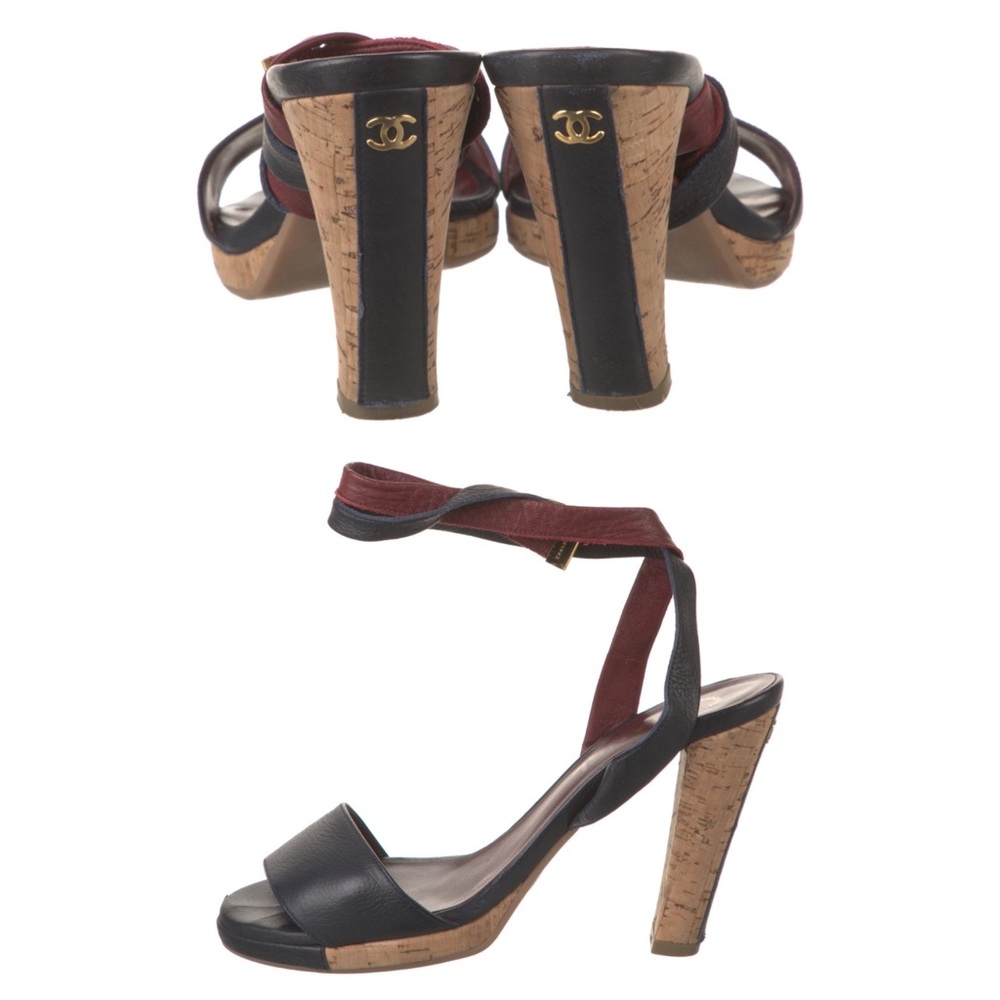 Chanel navy blue ankle strap cork platform vintage sandals 38.5